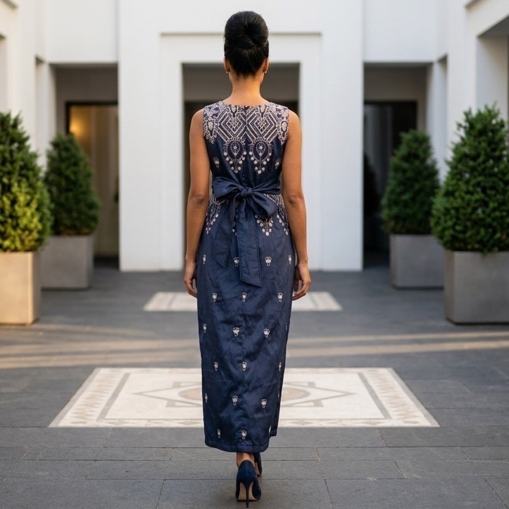 Custom Silk Navy Blue Embroidered High Low Midi Dress with Sequin Accents V-Neck - Picture 2 of 11